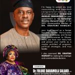 Foluke Daramola-Salako congratulates Musiliu Obanikoro on his appointment as Campaign DG for Obafemi Hamzat's 2027 Lagos governorship campaign.