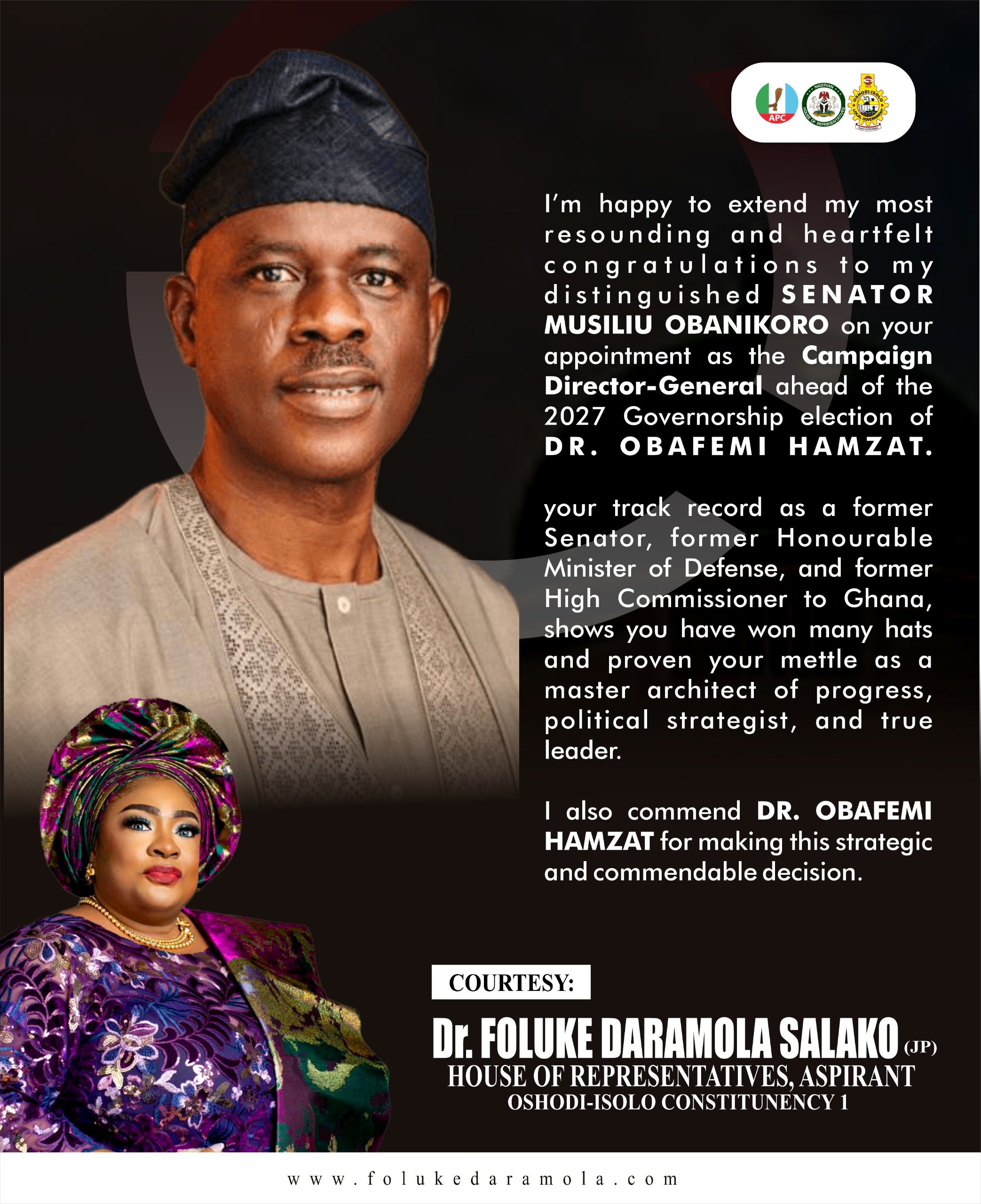 Foluke Daramola-Salako congratulates Musiliu Obanikoro on his appointment as Campaign DG for Obafemi Hamzat's 2027 Lagos governorship campaign.